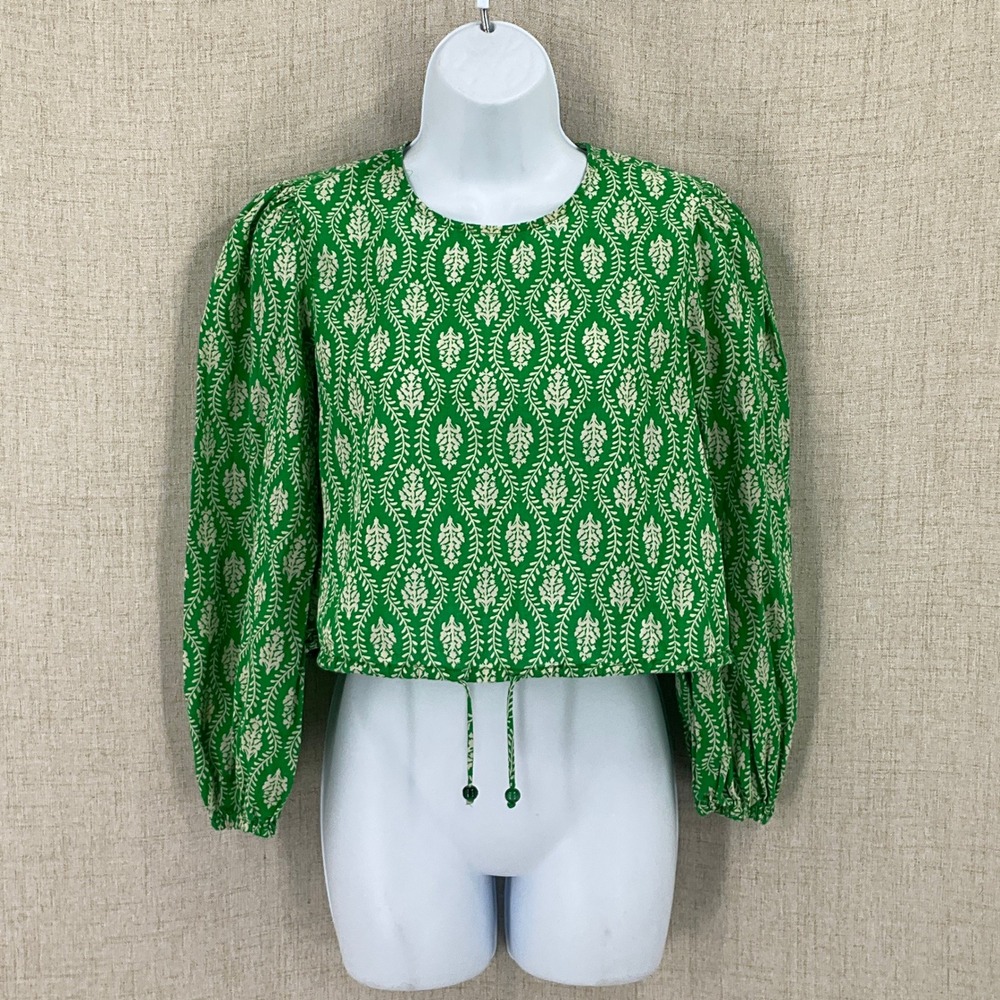 Zara Crop Top Womens XS Kelly Green White Leaf Print Puff Sleeve Boho Coastal